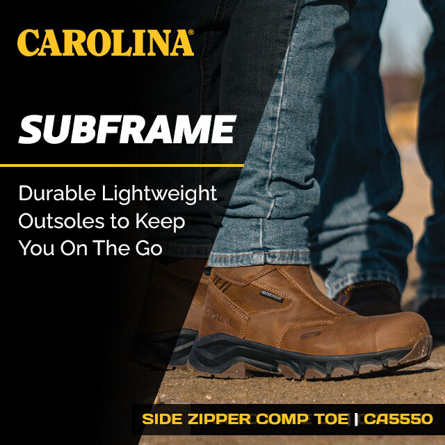 Carolina Subframe. Durable Lightweight Outsoles to Keep you on the go. Featuring the Subframe side zipper in brown - CA5550. Shop Now.
